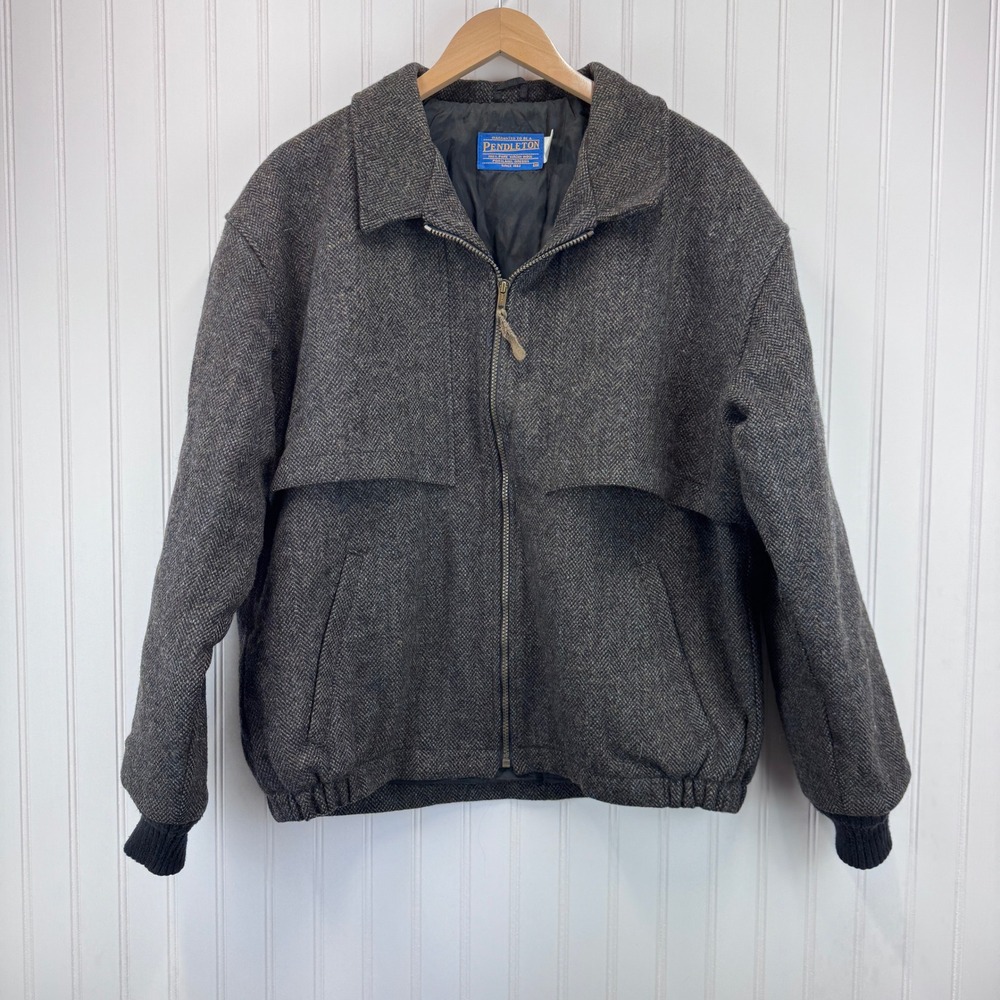 Pendleton Wool Bomber Jacket Mens Medium Grey Herringbone Thinsulate Vintage USA